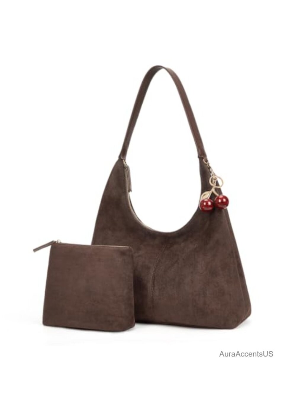 Faux Suede Hobo Bag Shoulder Purse with Cherry Charm, Laptop & Pouch Set